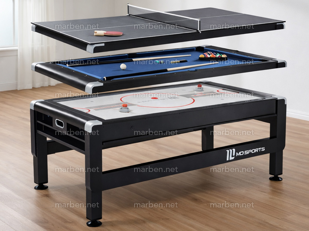 Mesa 3 en 1 SW Giratoria Air-Hockey, Billar, Ping-Pong,  (Negra, paño azul)